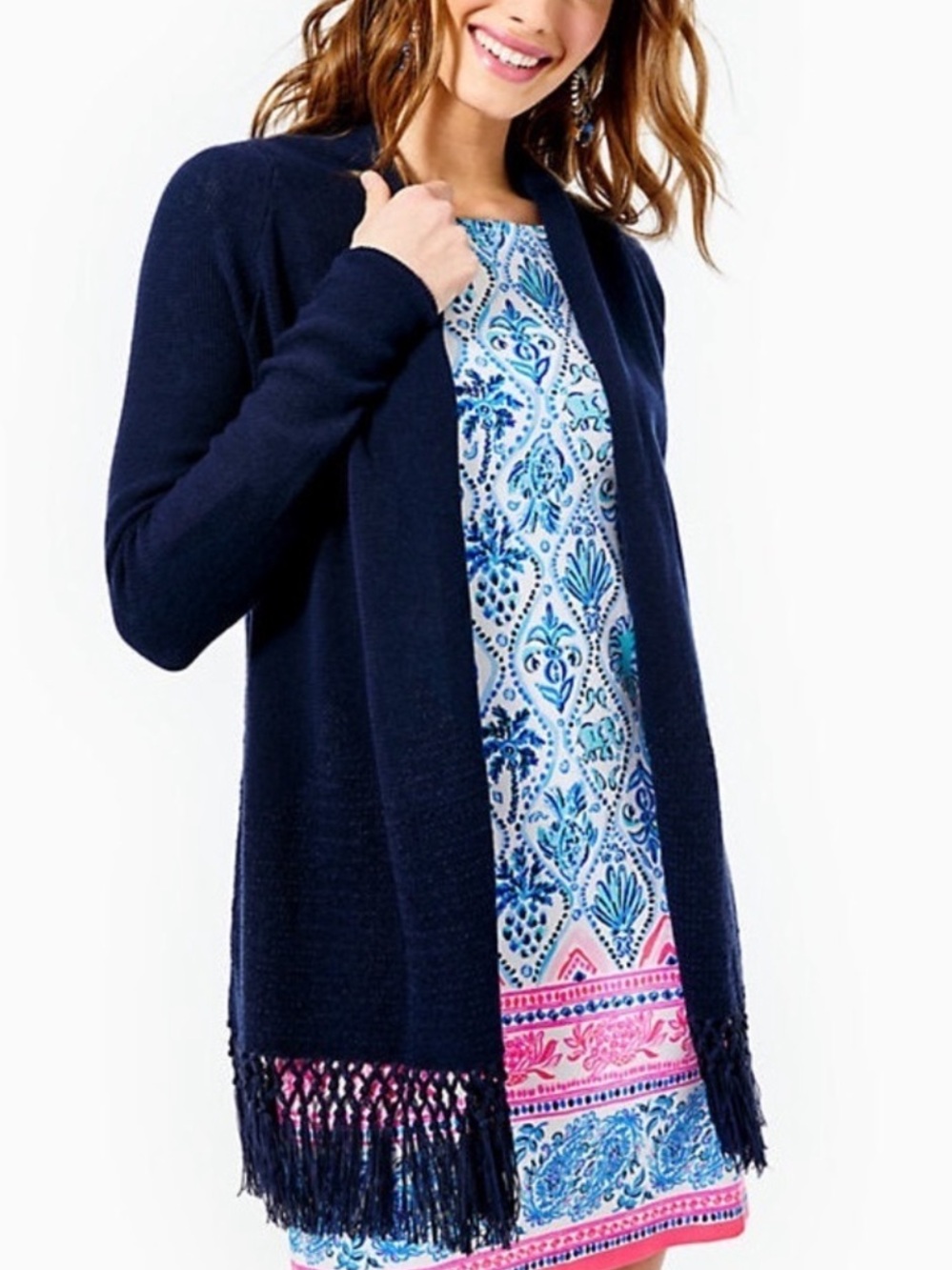 Lilly Pulitzer Tatum Long Navy Fringe Open-Front Cardigan Sweater Women’s M